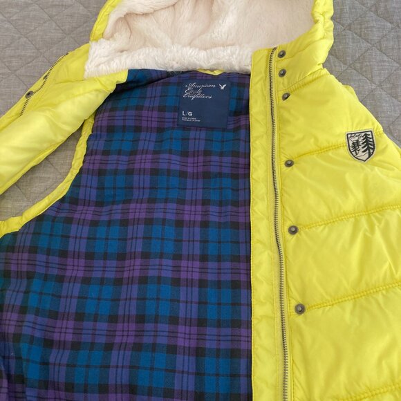 American Eagle Outfitters Winter Vest with plaid lining and faux fur hood - Picture 3 of 4